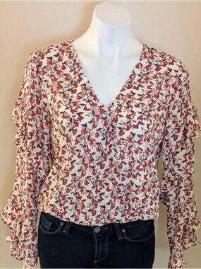 Max Studio Floral Ruffle Sleeve Wrap Blouse Size L